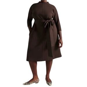 Pari Passu Janice Espresso Brown Funnel Neck Midi Dress Belted Pockets NWT D18